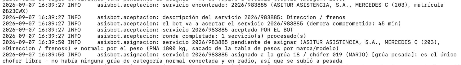 Registro del sistema con la aceptación automática de un servicio y su asignación